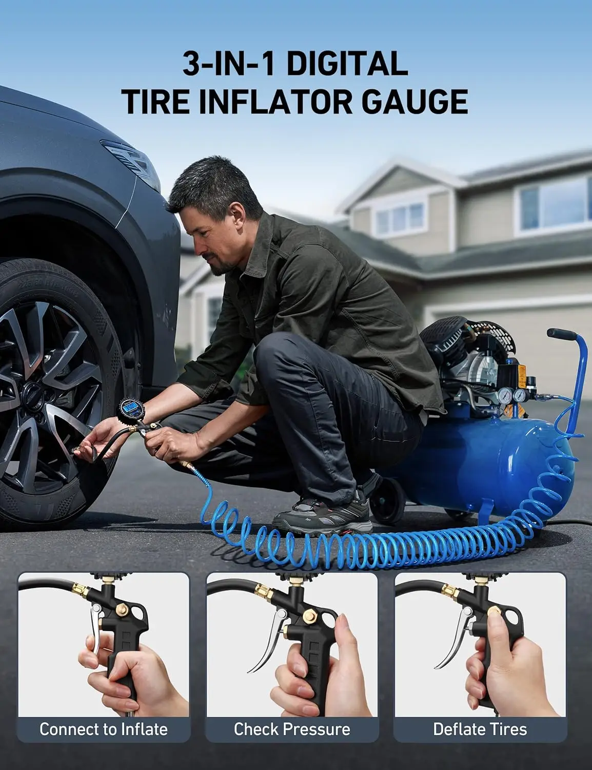 Portable 220 PSI Digital Pressure Gauge with Tire Inflator for Car SUV Truck RV Air Chuck Compressor  with Quick Connect Coupler