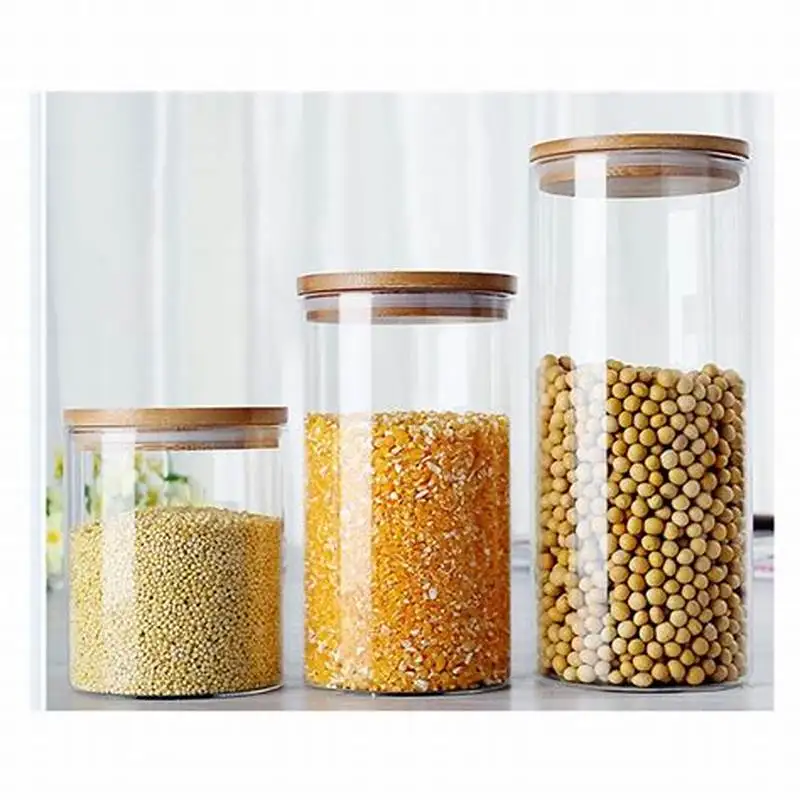 wholesale 6.5cm 10cm airtight kitchen food storage spice jars glass containers for food storage with wooden bamboo lid