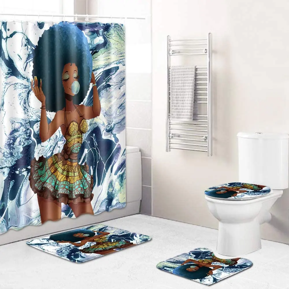 
New design OEM 4 pieces waterproof bathroom deco black women art african american shower curtains 