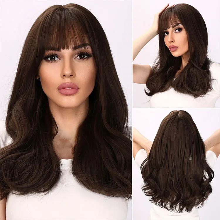 20 inch black brown synthetic wig bob wig with bang long brown wigs for women SM8012