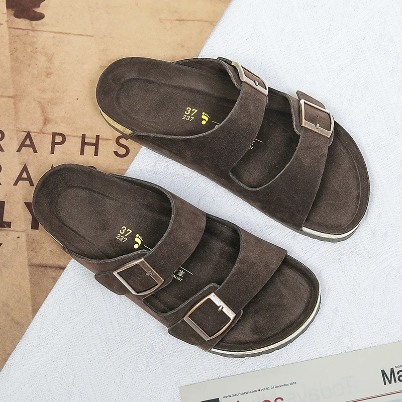 Greatslides Ladies Sandals With Buckle,Double-Buckle Leather Sandals,Slip On Cork Heel Sandals Or Hemp Heel Sandals