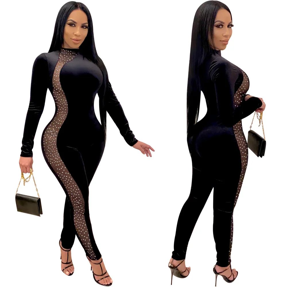 Z12068 Sexy Long Sleeve Patchwork mesh Sequins Rompers women See-through Skinny Jumpsuit