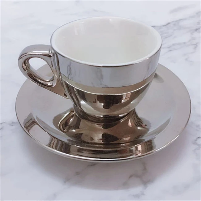 Luxury 12 Pcs Gold And Silver Electroplating Porcelain Coffee/tea Cups And Saucer Set With Rack Espresso cup set