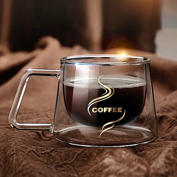 Custom Logo Handmade Clear Double Wall Glass Coffee Cup  With Handle
