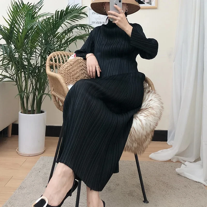 Miyake Pleated fast delivery solid color long sleeve simple casual korean loose plus size dress women fabrics dress