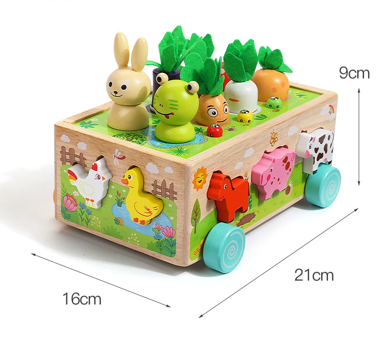 Happy Farm Kids Wooden Early Education Animal Shape Sorter Blocks Car Carrot Harvest Game Fishing Catching Insects Learning Toy