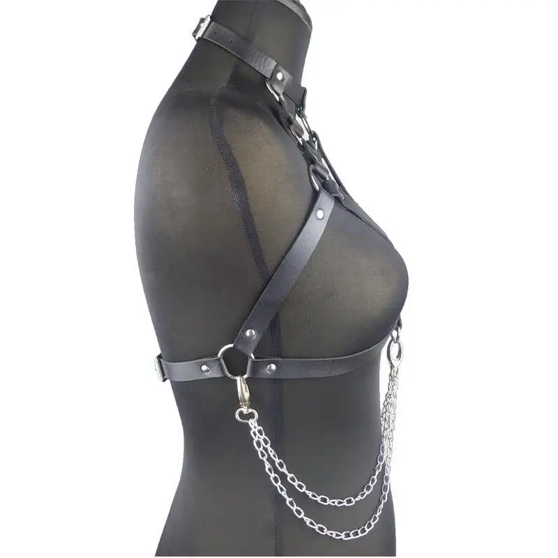 Women PU Leather Chest Harness Body Bra BDSM Erotic Lingerie SM Bondage Set Slave Collar Decoration Chain Sex Toys