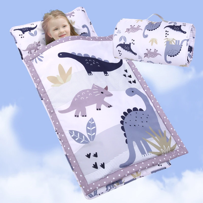 Preschool Use Eco-friendly Rolled Up Portable Cartoon Cooling Blanket Toddler Sleeping Nap Mat with Removable Pillow blanket