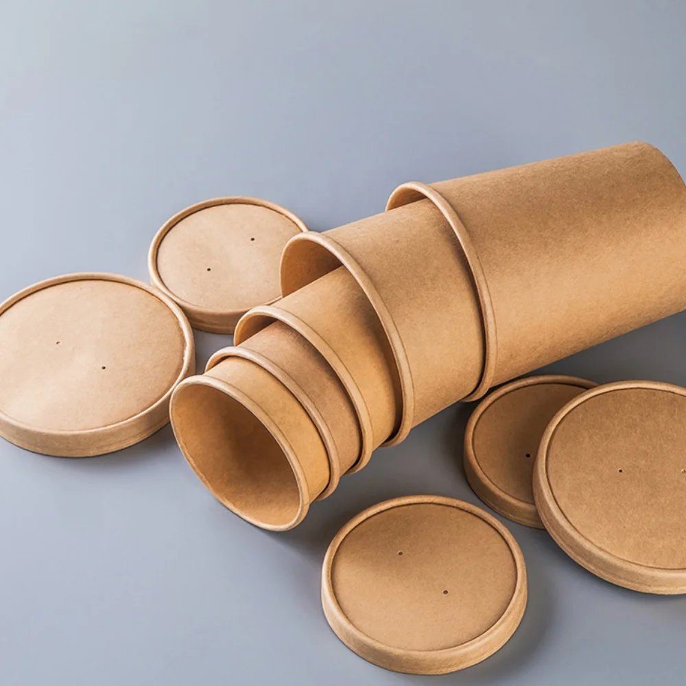 8oz-32oz Compostable Disposable Round white Kraft Paper Lunch Soup Bowl Takeaway Food Salad Packaging Round Cup with Lid