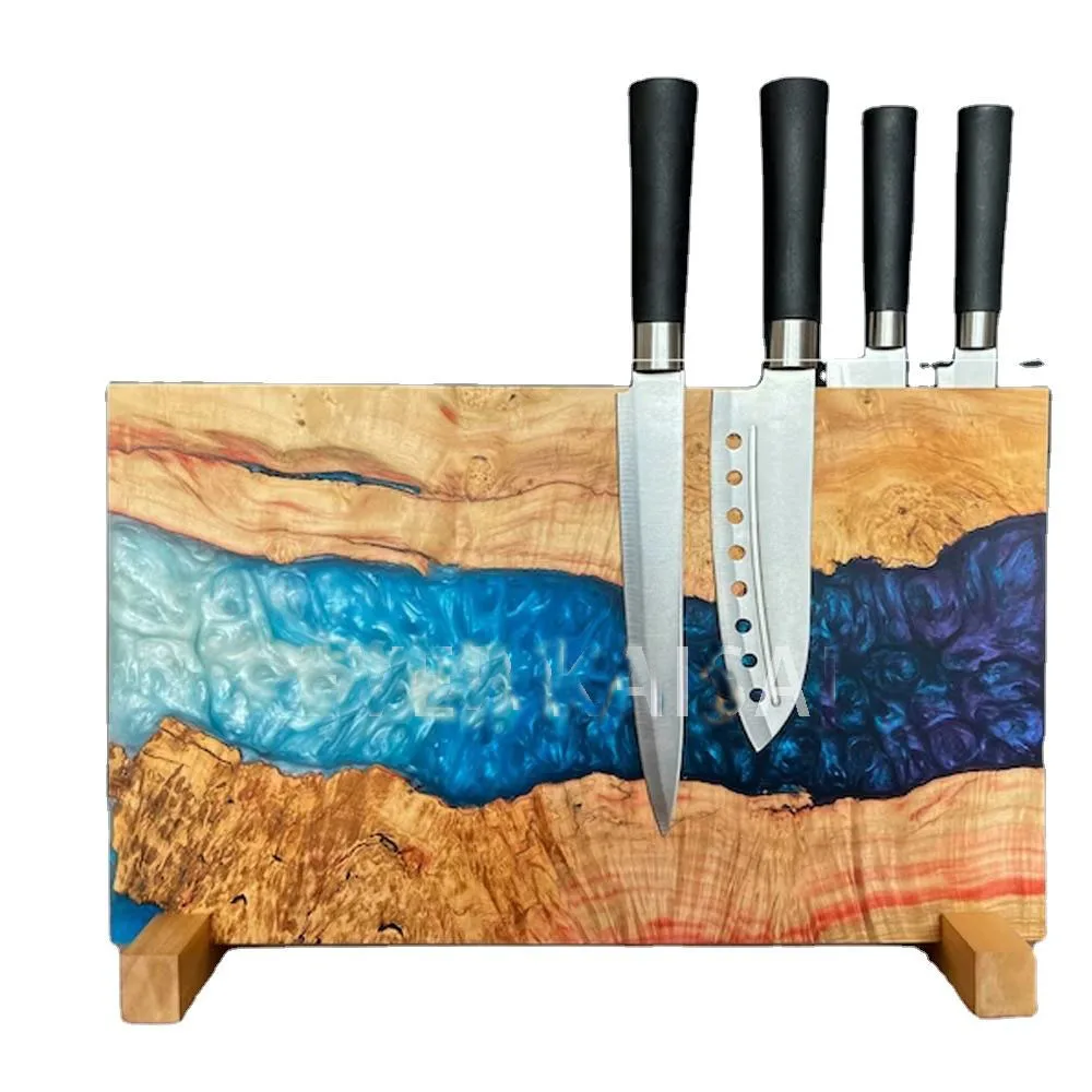 Wood and Epoxy Resin Magnetic Knife Block with Strong Magnets, Olive wood resin knife block with holder