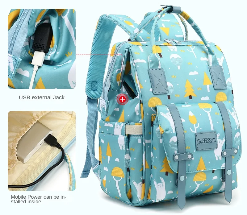 2023 New Large Capacity Blue Patterned Print Waterproof Diaper Bag Backpack Leather Diaper Bag Mommy Bags