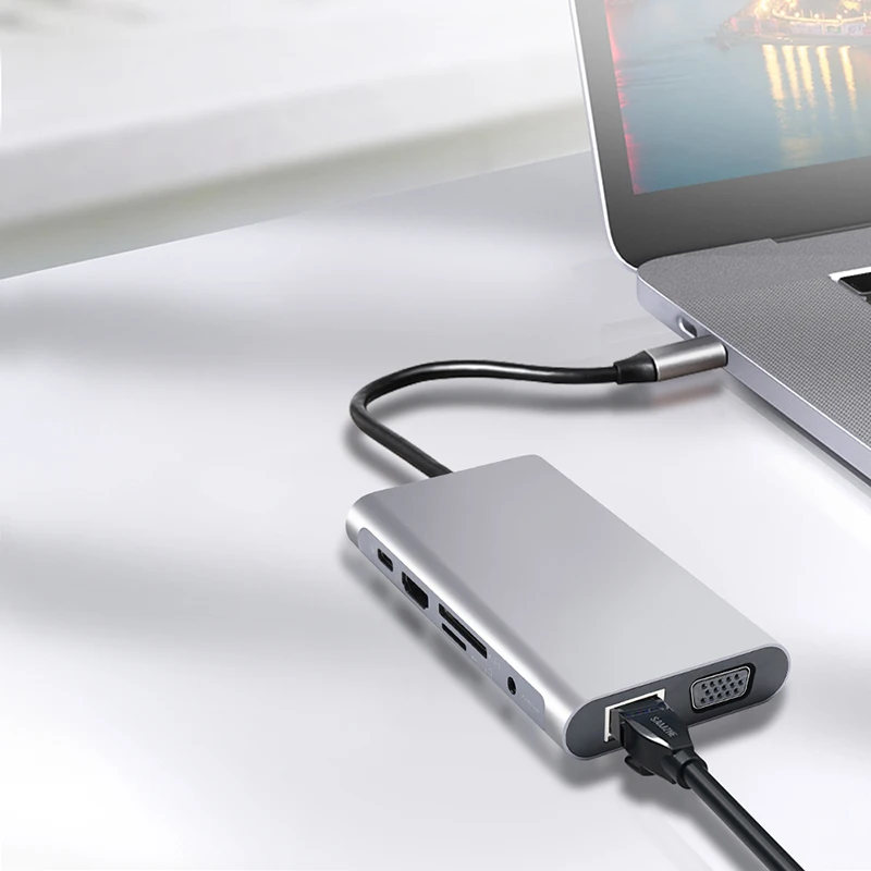 PCER Factory price 10 in 1 USB Hub USB Type-c Hub Multi-function Type-c to HDMI USB 3.0 PD TF SD Audio RJ45 VGA for computer