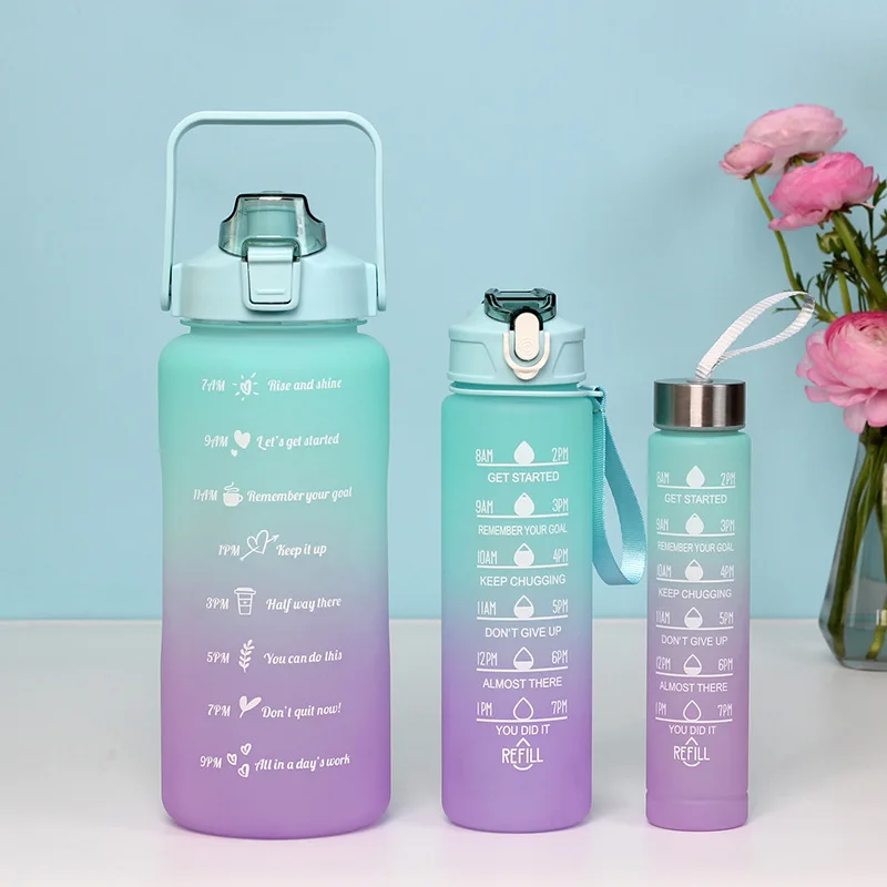 3 in 1 water bottle sport plastic motivational time marked stamp water de para drink bottle bkue pink with time maker