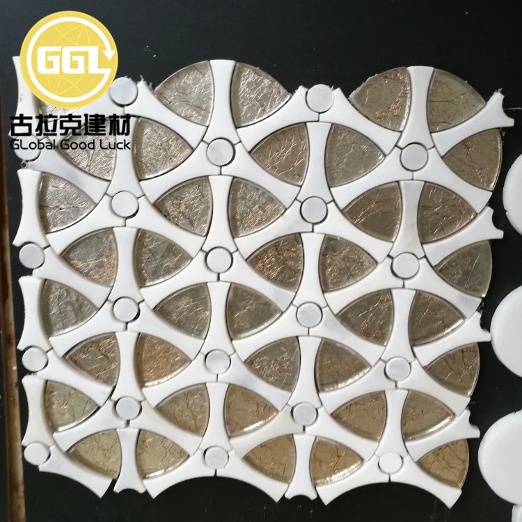 Gear Shape Design Mosaic Tile White Marble Mix Gold Waterjet Pattern Mosaic Tile for Home Wall Decor
