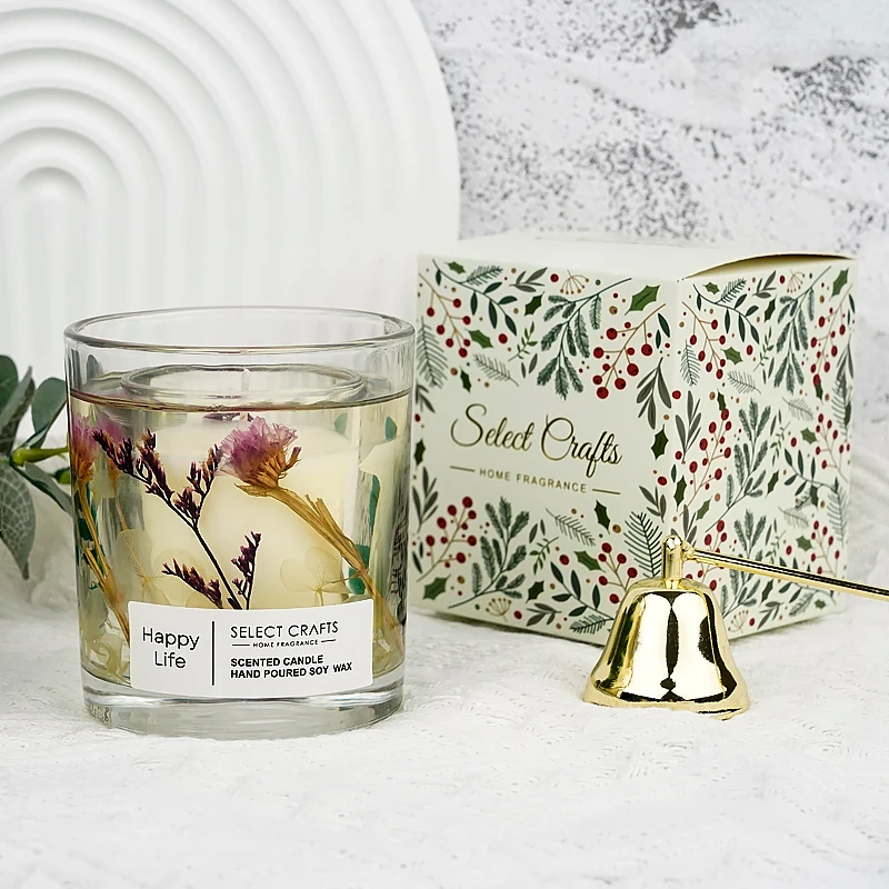 Wholesale Luxury Custom Christmas Decoration Double Glass Jar Scented Jelly Gel Soy Wax Candle with Dried Flowers Active Use