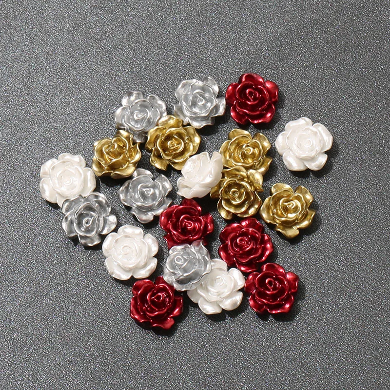 Shiny Pearlized Flower Beads 12mm Flat Back Acrylic Rose Flower Cabochons DIY Jewelry for decorate shoes and clothes