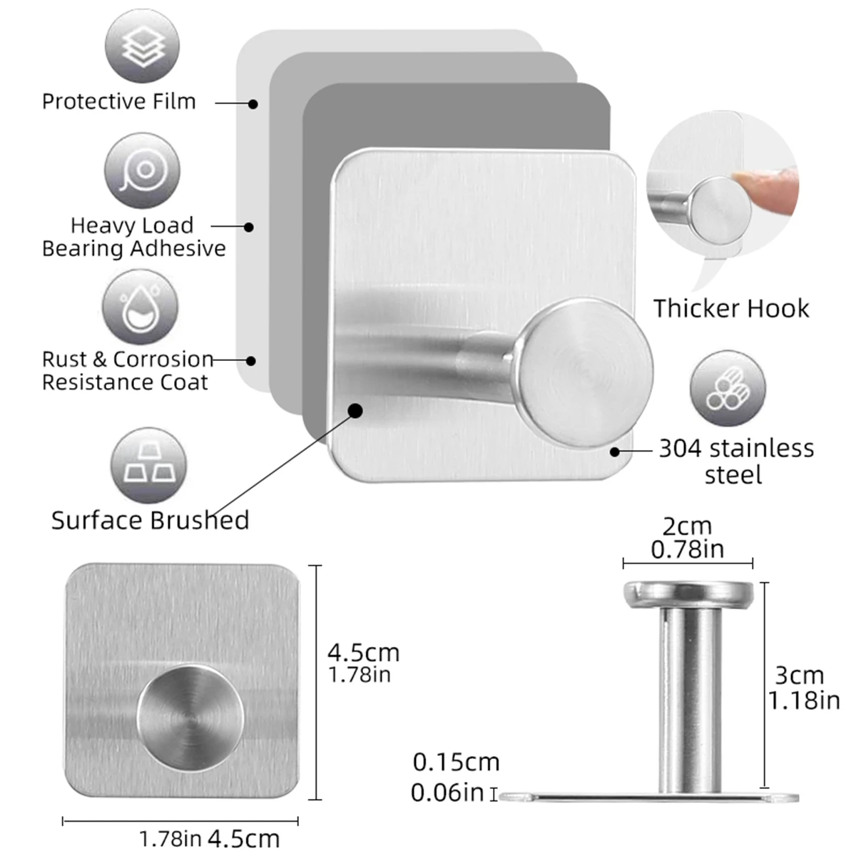 Wall Mounted Stainless Steel No-Punch Robe Hooks Strong Adhesive for Kitchen or Bathroom Storage Use