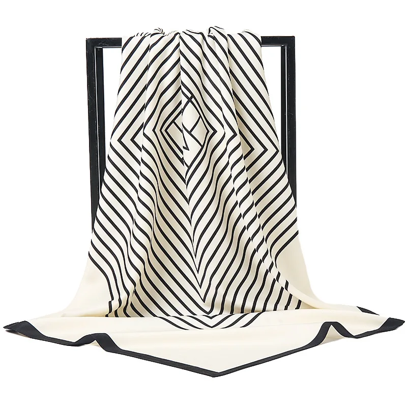 
2021 New Classic Stripe Print Square Satin Wholesale High Quality Fashion 90*90cm Scarf Women Hijab Silk 