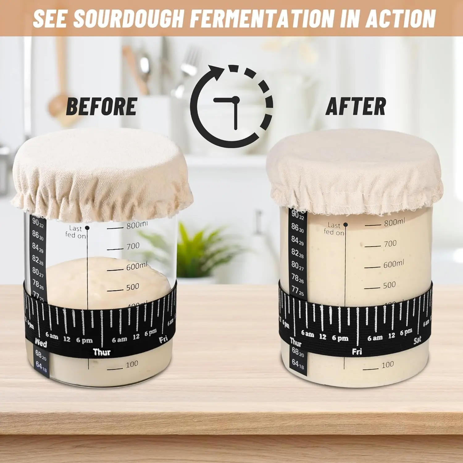 Sourdough Starter Jar Kit- 35 Oz Large Sourdough Starter Glass Jar with Date Marked Feeding Band Thermometer Spatula Cloth Cover