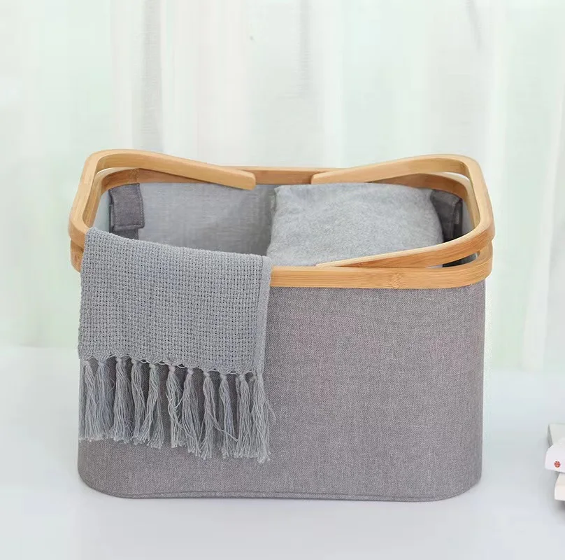 Wholesale household bamboo and wood fabric storage with handle foldable toy storage laundry basket