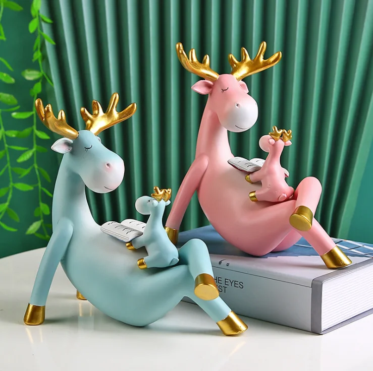 Lovely Reading Book Elk Resin Crafts Decoration Creative Ornaments for Birthday Gift