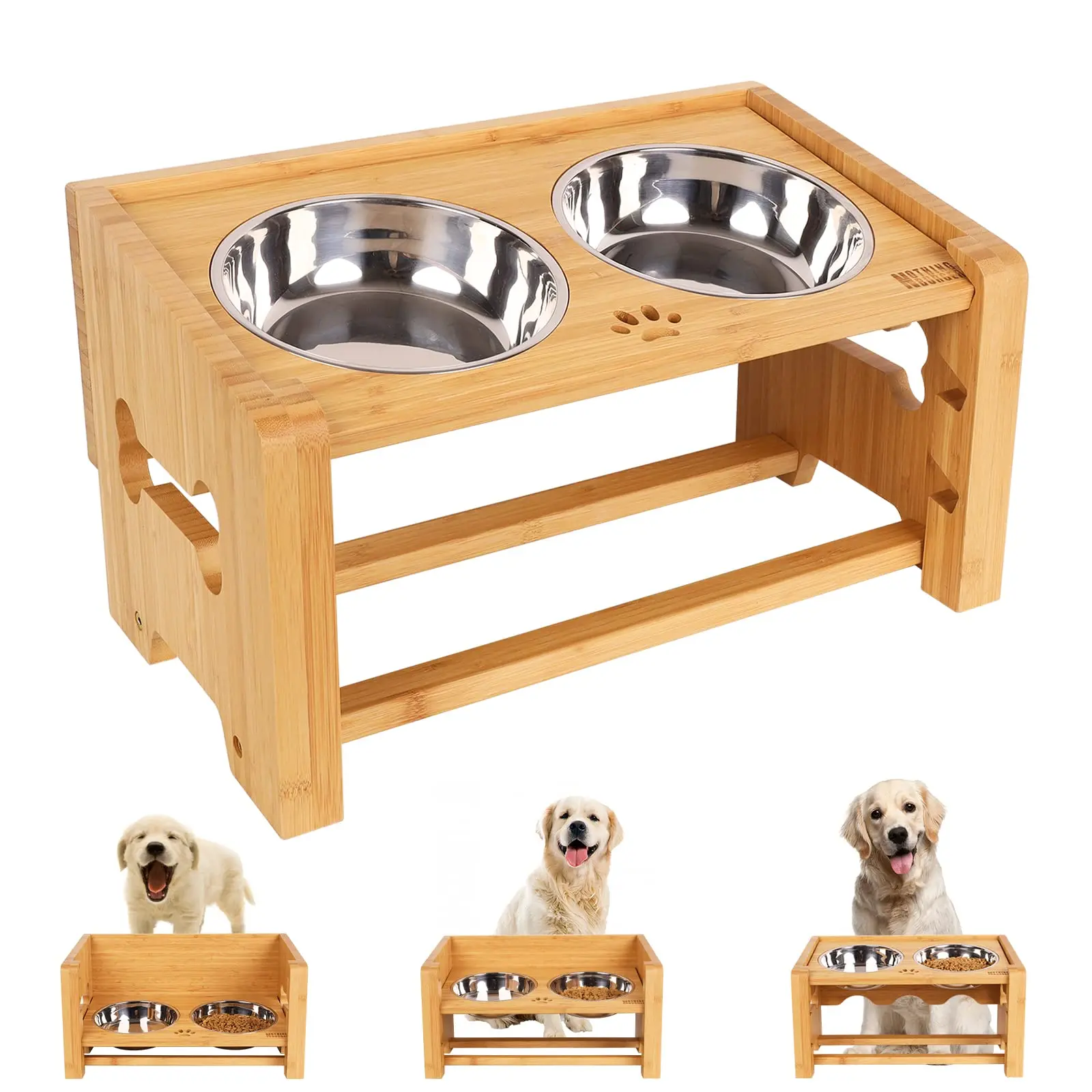 Custom Logo Wooden Bamboo Cat Pet Puppy Dog Stainless Steel Feeding Travel Water Pet Bowl Feeder Wooden Dog Bowls With Stand