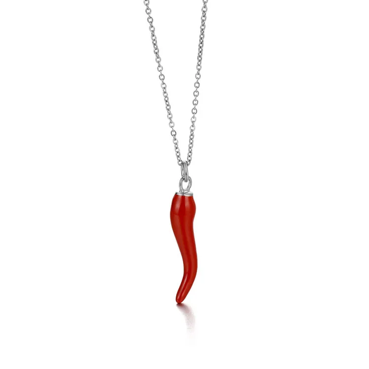 Fashion Stainless Steel Gold Silver Link Chain Oil-dripping Chili Pepper Necklace Red Color Italian Horn Statement Necklace