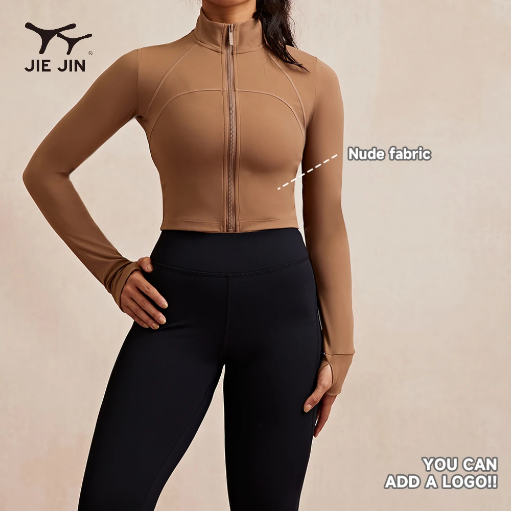 JIEJIN Fashionable Women Sports Gym Tight Athletic Windbreaker Cropped Long Sleeve Zipper Yoga Jacket With Finger Hole