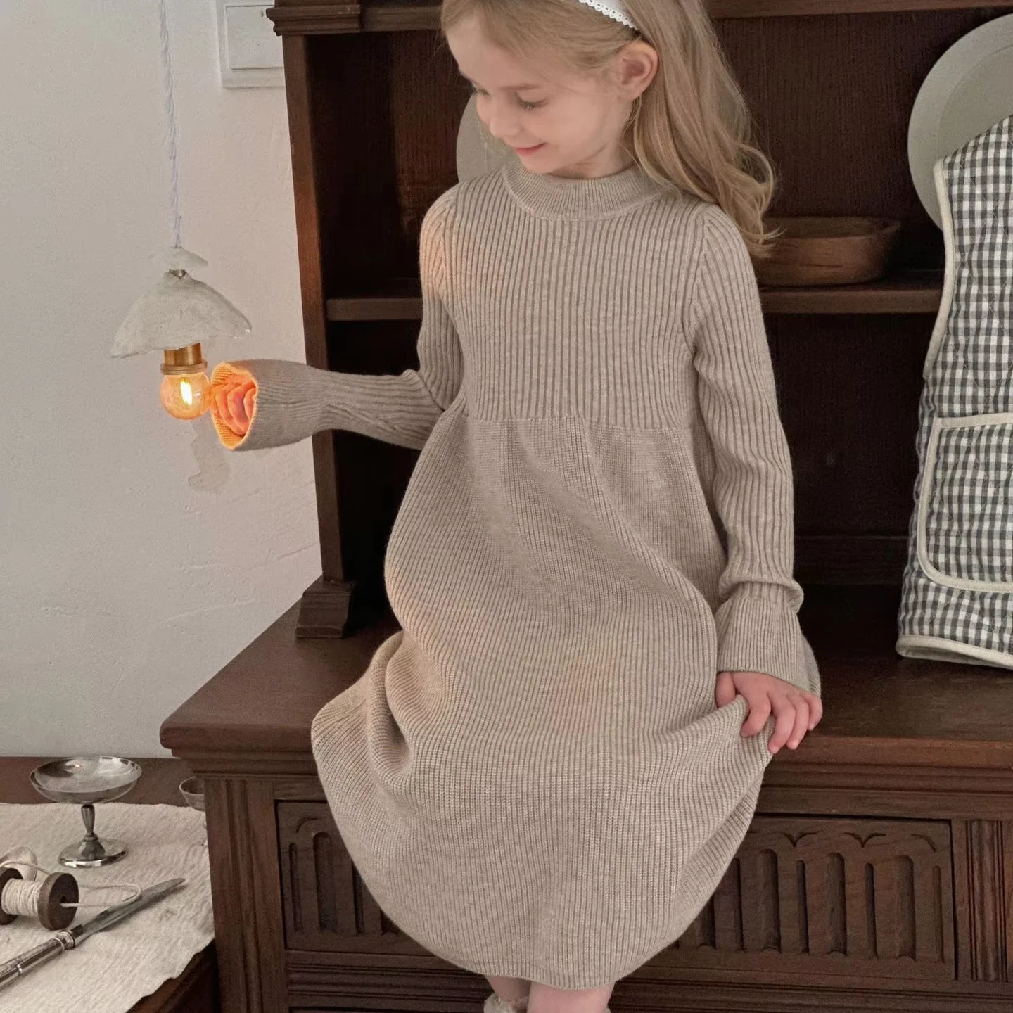 Осенне-зимнее Новое Детское однотонное трикотажное платье принцессы детское платье-свитер миди для девочек