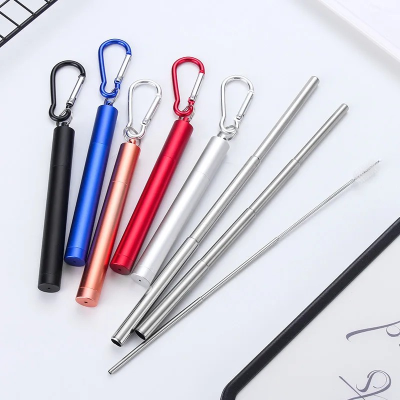 Hot selling Stainless Steel Metal Collapsible Straw with Aluminum Case and Cleaning Brush