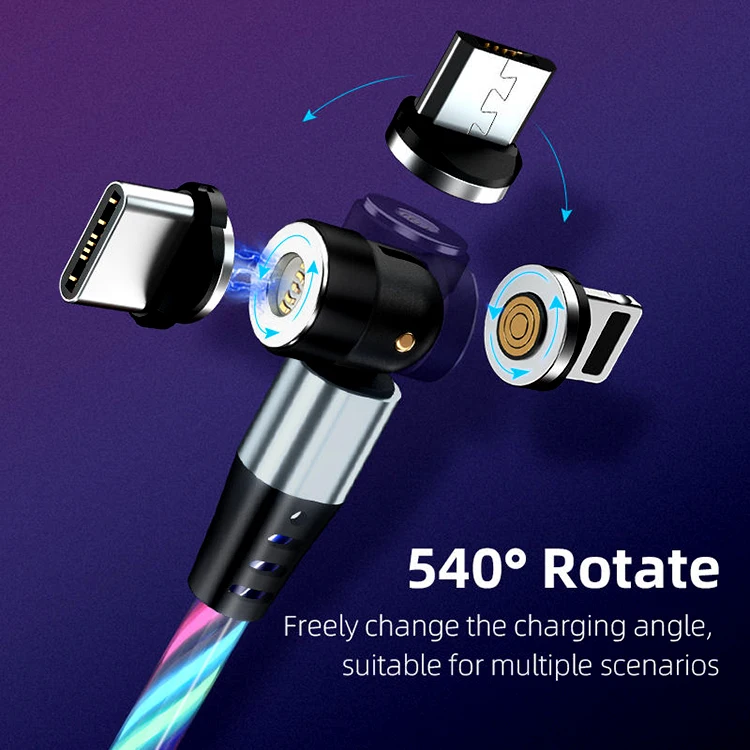 540 Degree Rotating Magnetic Cable Micro USB Type C Cable For iPhone13 Pro XS Max Samsung Xiaomi Glow LED Lighting USB Cable