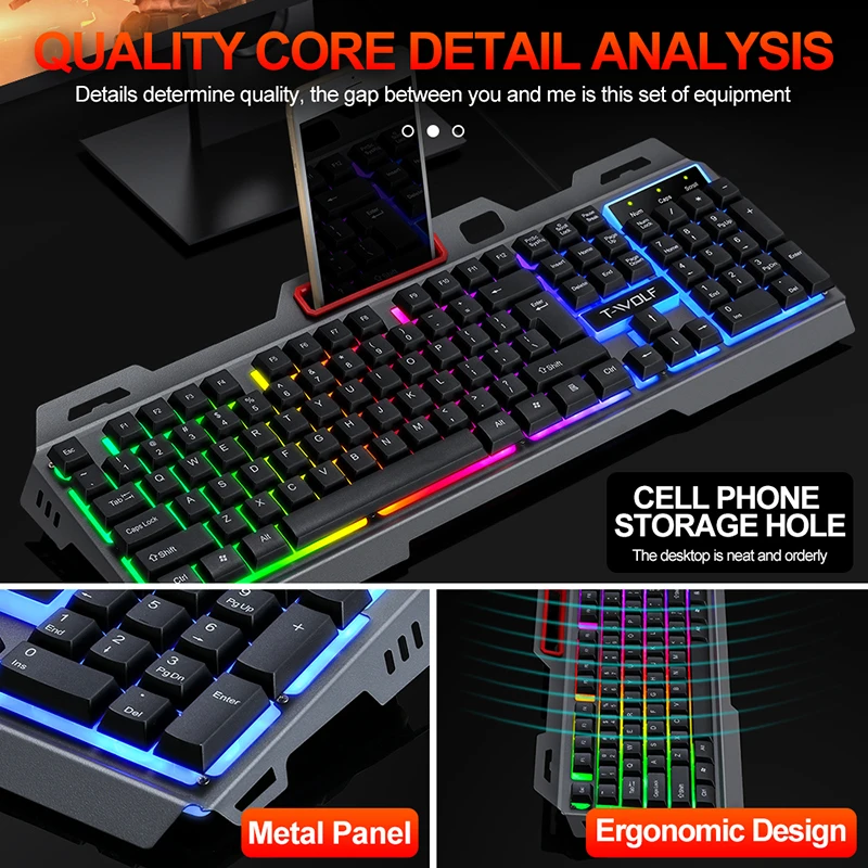 New Design RGB TF600 gaming keyboard and mouse combo,LED backlight mechanical iron feel keyboard 4D gaming mouse 3200DPI for the