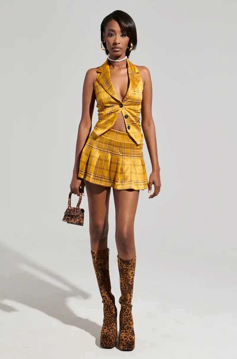 Oem Custom Clothing Manufacturer Halter Sleeveless Tartan Button Up Vest Tops + Pleat Mini Skirt Coord 2 Piece Set Women