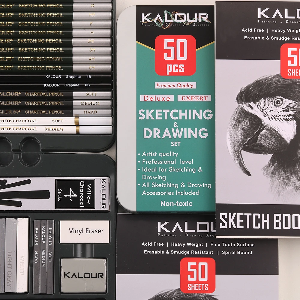 New Product Hot Sale 52pcs Sketching and Charcoal Pencil Drawing Set in Tin Box with 2 Sketch Pad