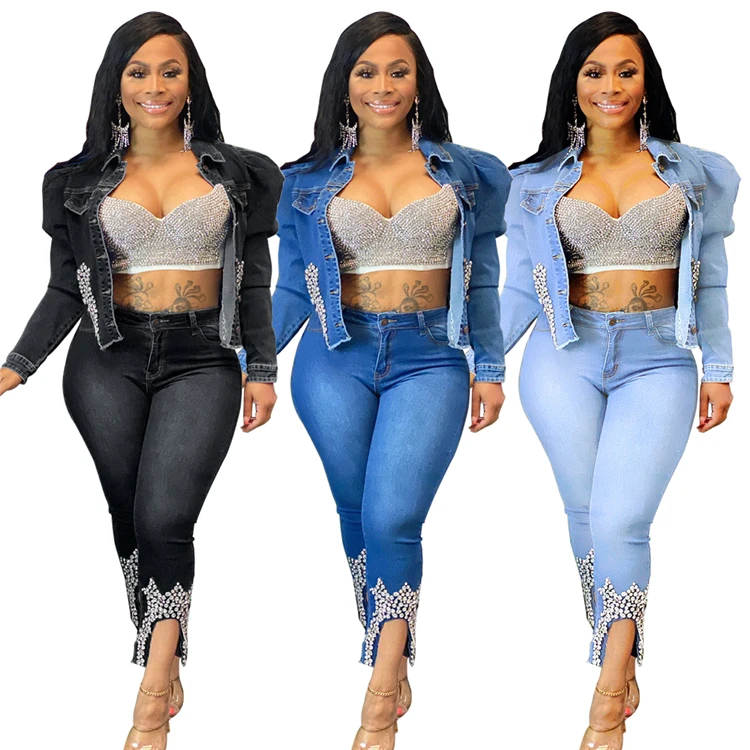New Design Lady Jean Coat Rhinestone Long Sleeve Plus Size Winter Women Short Denim Jacket