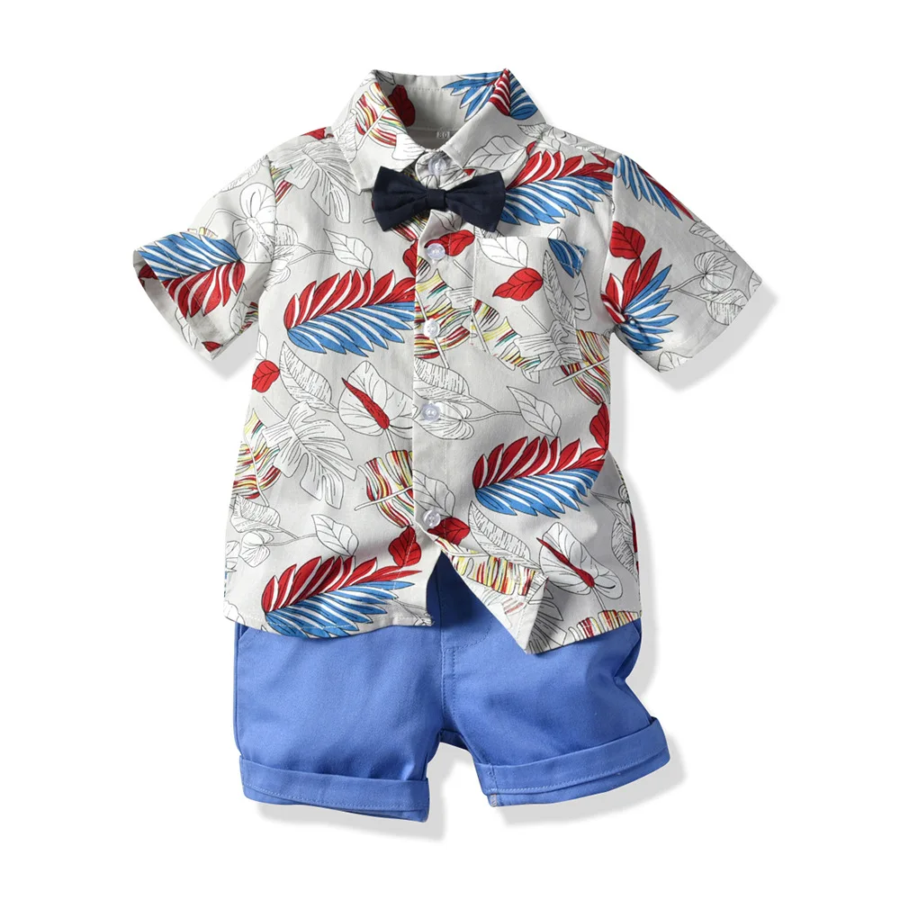 JF Children Clothing Two Piece Boy Clothes Flower Shirt Fashion Bow Tie Shorts With Pockets