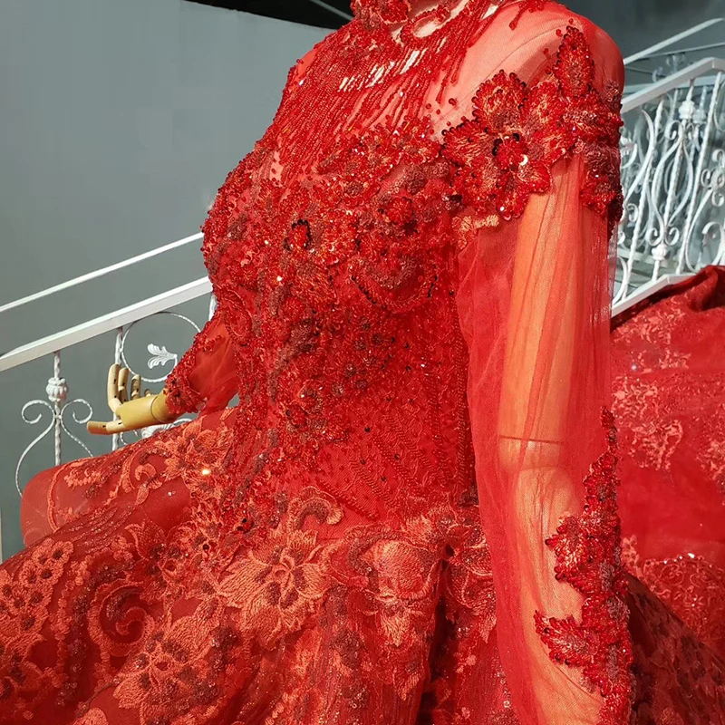 HTL886 Jancember real luxurious high neck long sleeves pleat red high quality luxury dress