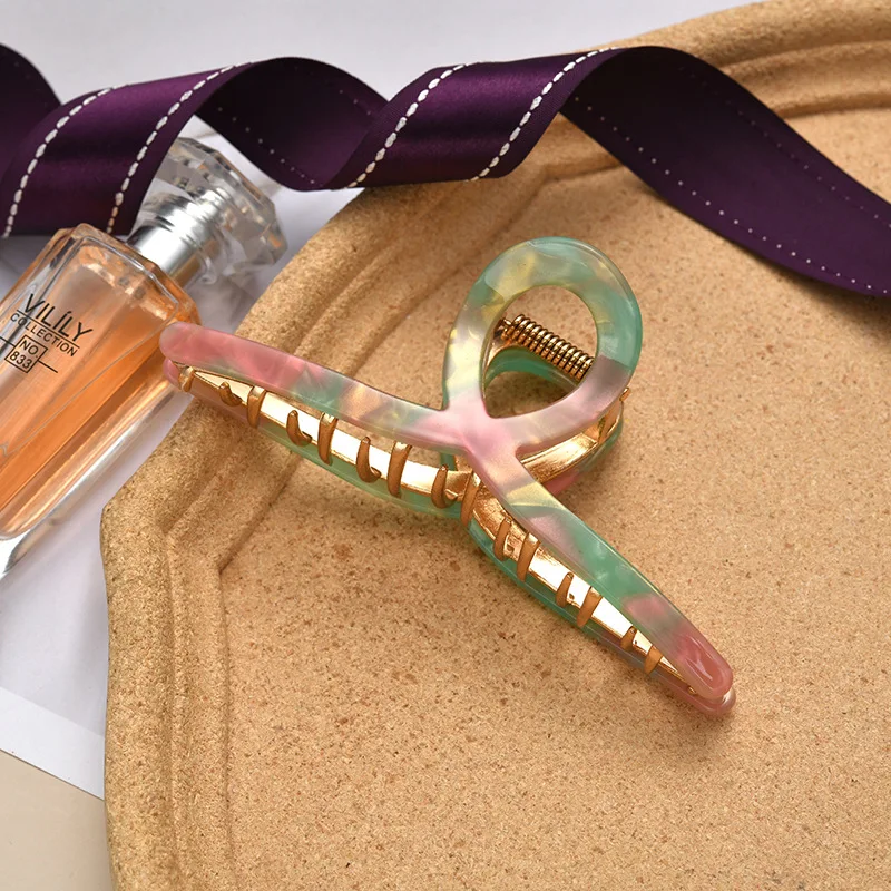 women 11.5cm large Tortoise Shell Hair claws Crab Leopard big hair claw clip hollow jumbo metal acetate hair clip for girl