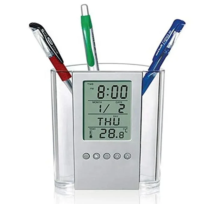Transparent ABS multi-functions Digital Desk Pen/Pencil Holder LCD Alarm Clock Thermometer & Calendar Display Home Decor