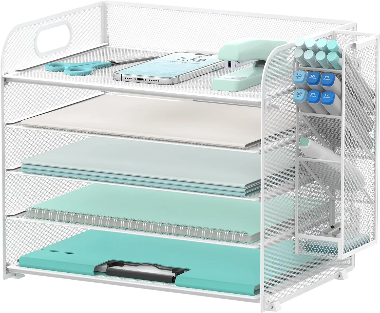 Office Supplies  White Metal Mesh 5 Tier Desk Organizer with Handle & Removable Pen Holders, Paper Letter Tray Organizer