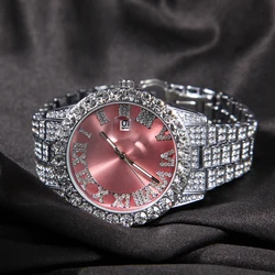 2022  Iced Out Baby Pink Women Watches Bling Watch with Purple Dial Bling Bling Hip Hop Watches