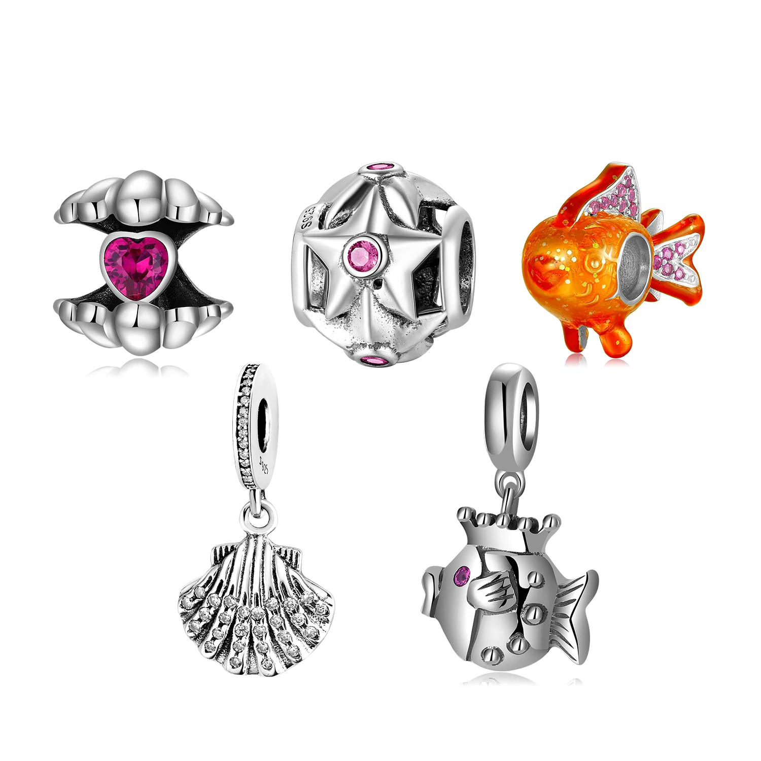 Real 925 sterling silver Shells with Pink CZ love Heart Beads Fit Charm Bracelet Jewelry Making Woman Accessories Hot Sale