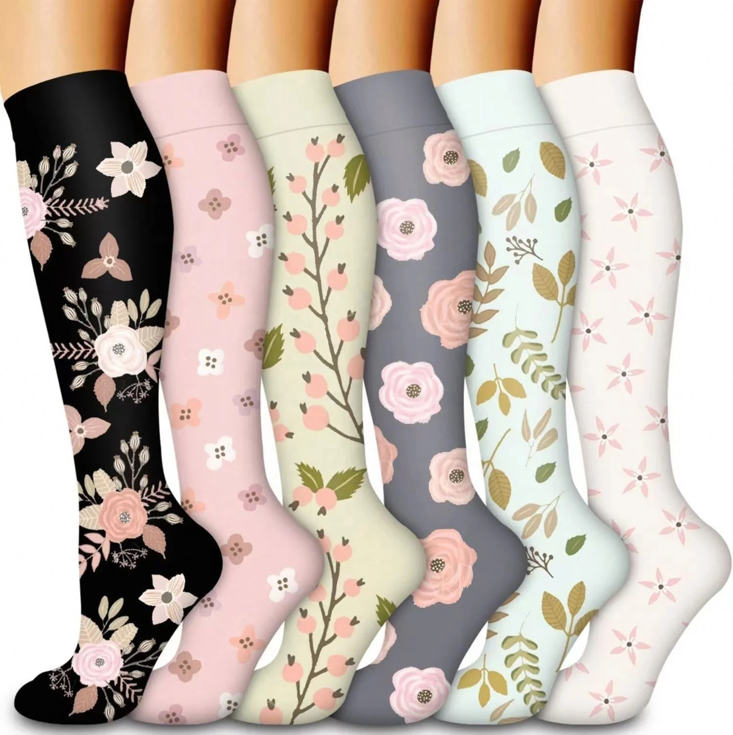 Compression Socks Fit For Medical Edema Diabetes Varicose Veins Socks Flower Outdoor Men Women Running Knee High Sports Socks