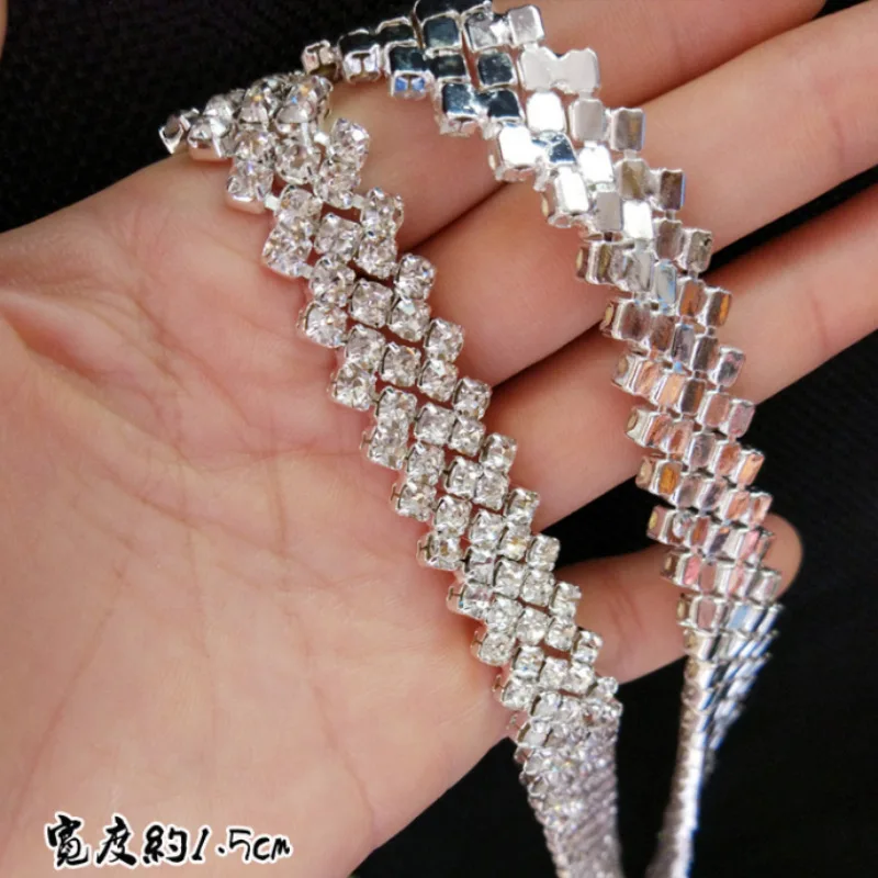 Spot wholesale Five rows claw drills sideling 5 lines Crystal Rhinestone chains clear Black Gleaming Ribbon Applique Bridal