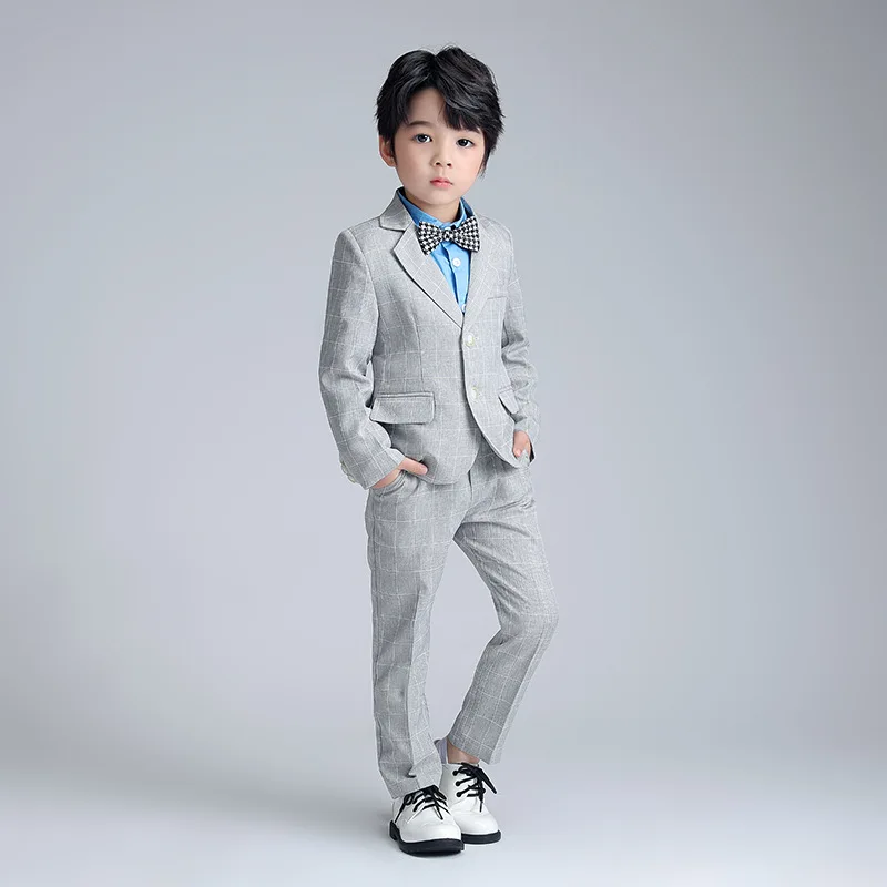 2024 Kids Boys Formal Suit Long Sleeve Grey Blue Plaid Tuxedo Set Gentleman Children Birthday Wedding Party Suits Boy Outfits