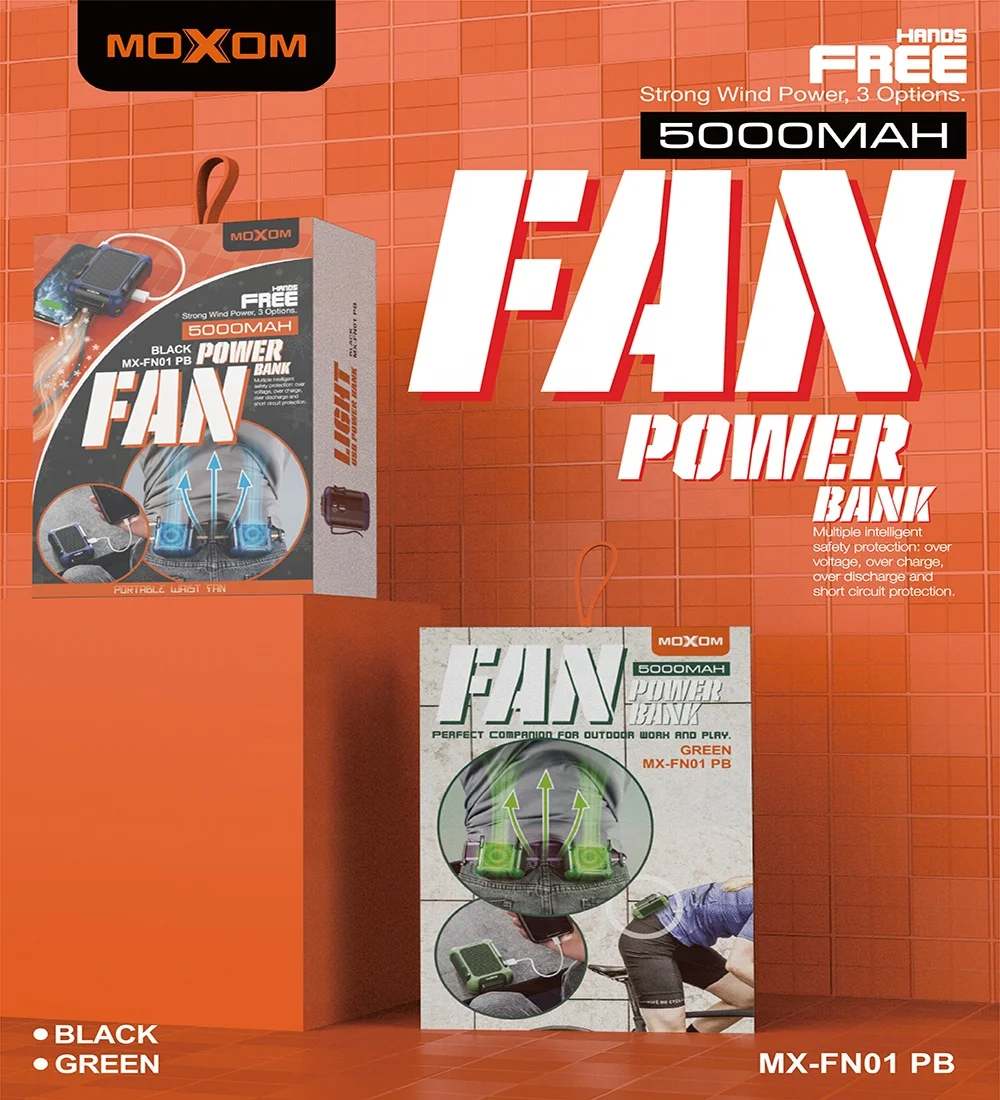 Newest 2 in 1 function running riding fan Rechargeable Mini Portable Fan 5000mah Emergency PowerBank by MOXOM