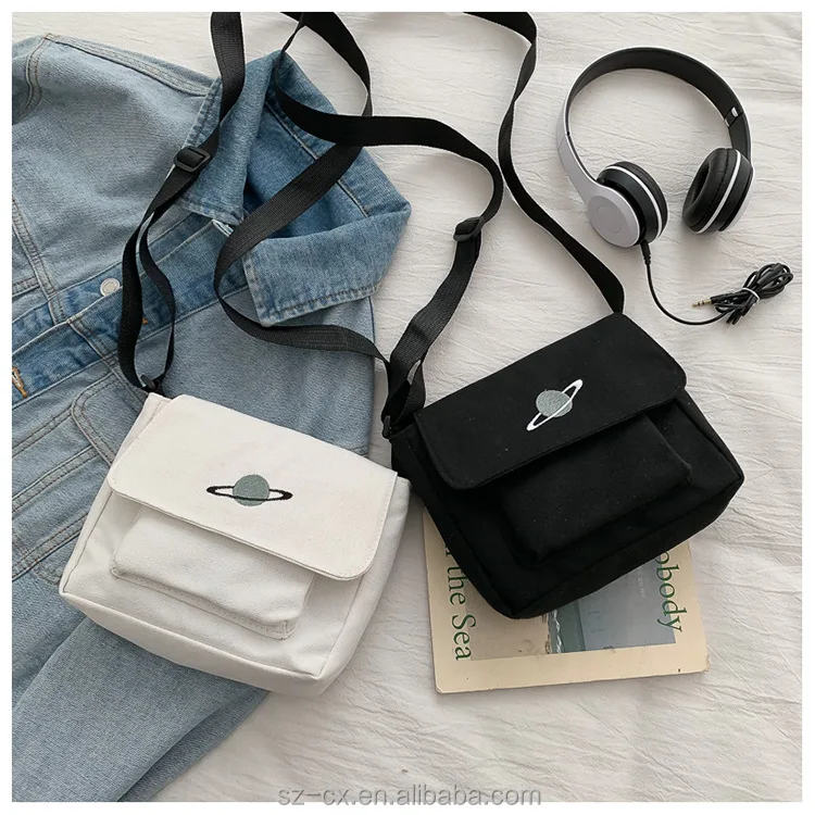 casual custom printed logo small planet print cell phone messenger bag mini fabric sling canvas shoulder bags for women girls