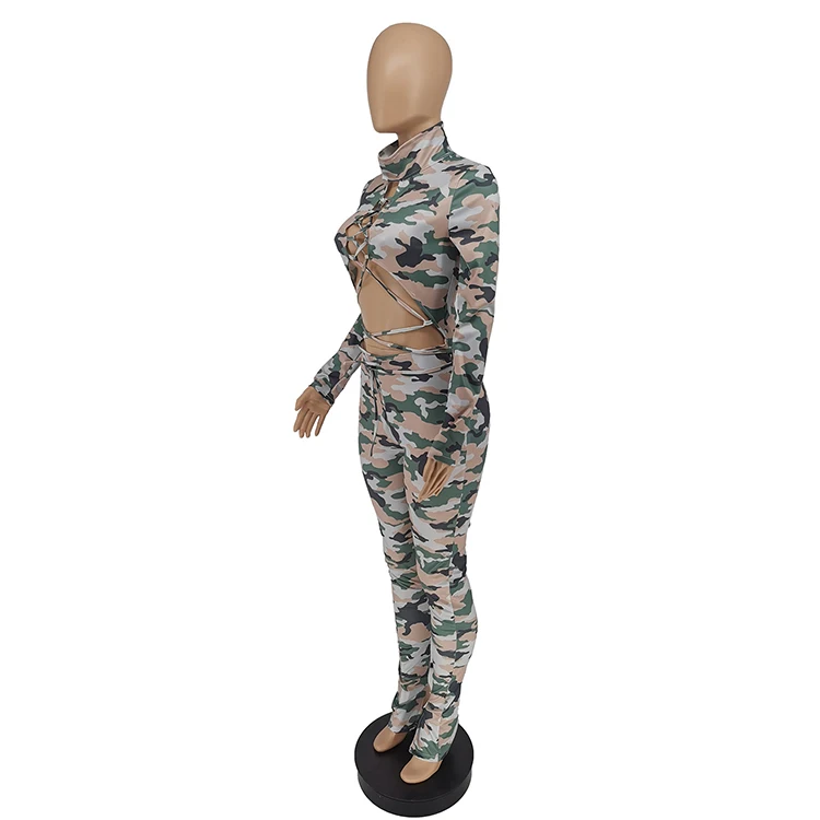 
Ladies Autumn 2piece Sets New Product Ideas 2021 Stand Collar Camouflage Two Piece Sets Winter Apparel -YY 