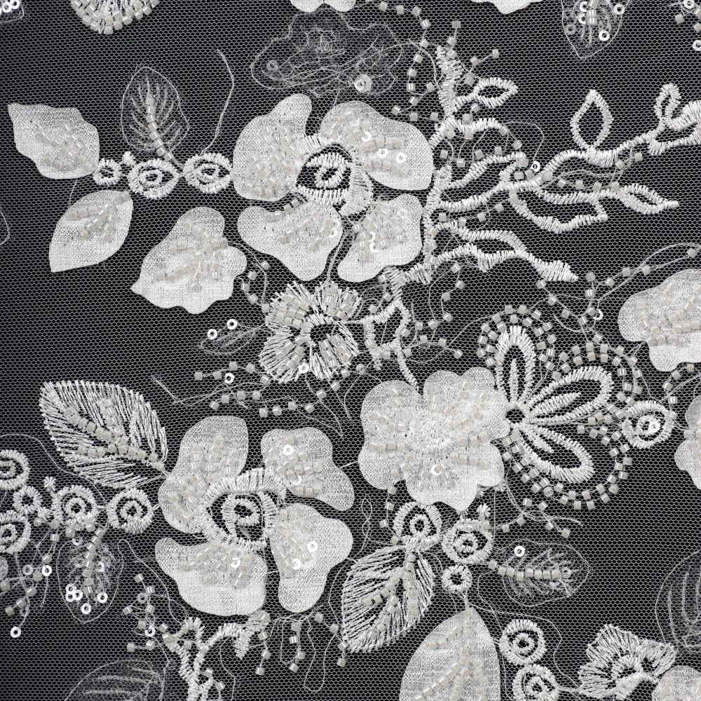 Yanzi Fashion 3D Flower Embroidery Beaded Sequin Lace Fabric By Yard White Mesh Dress Couture Bridal Veil Wedding Lace