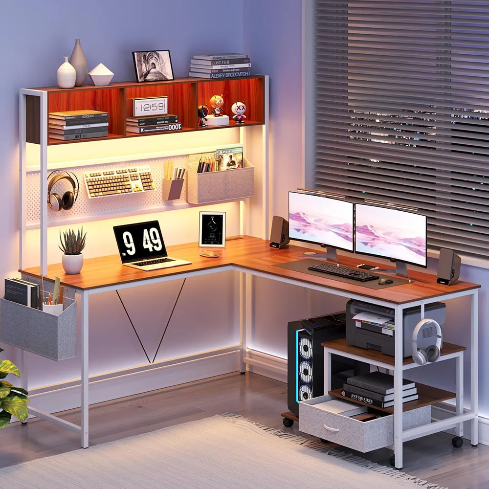 L Shaped Desk with Pegboard and Removable Filing Cabinet, Desk with Power Outlet and Led,Modern Office Corner Table with Storage